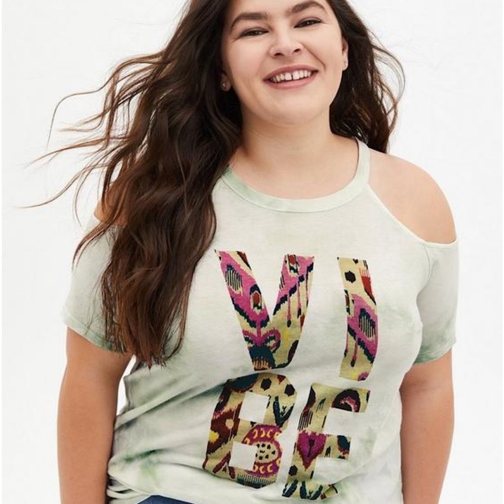 torrid Pale Green Cold-Shoulder 'VIBE' Graphic Tee with Multicolor Print